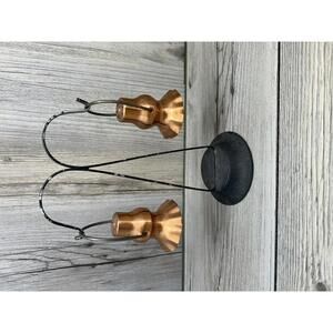 Vintage Copper Salt and Pepper Shakers with Black Metal Stand missing cork